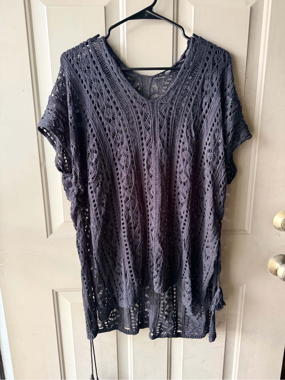Crochet Open Knit V-Neck Tunic - Black